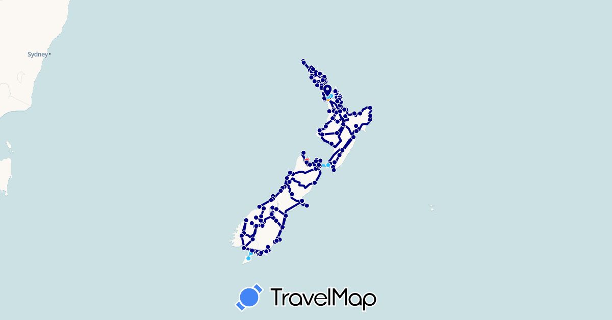 TravelMap itinerary: driving, hiking, boat, hitchhiking in New Zealand (Oceania)